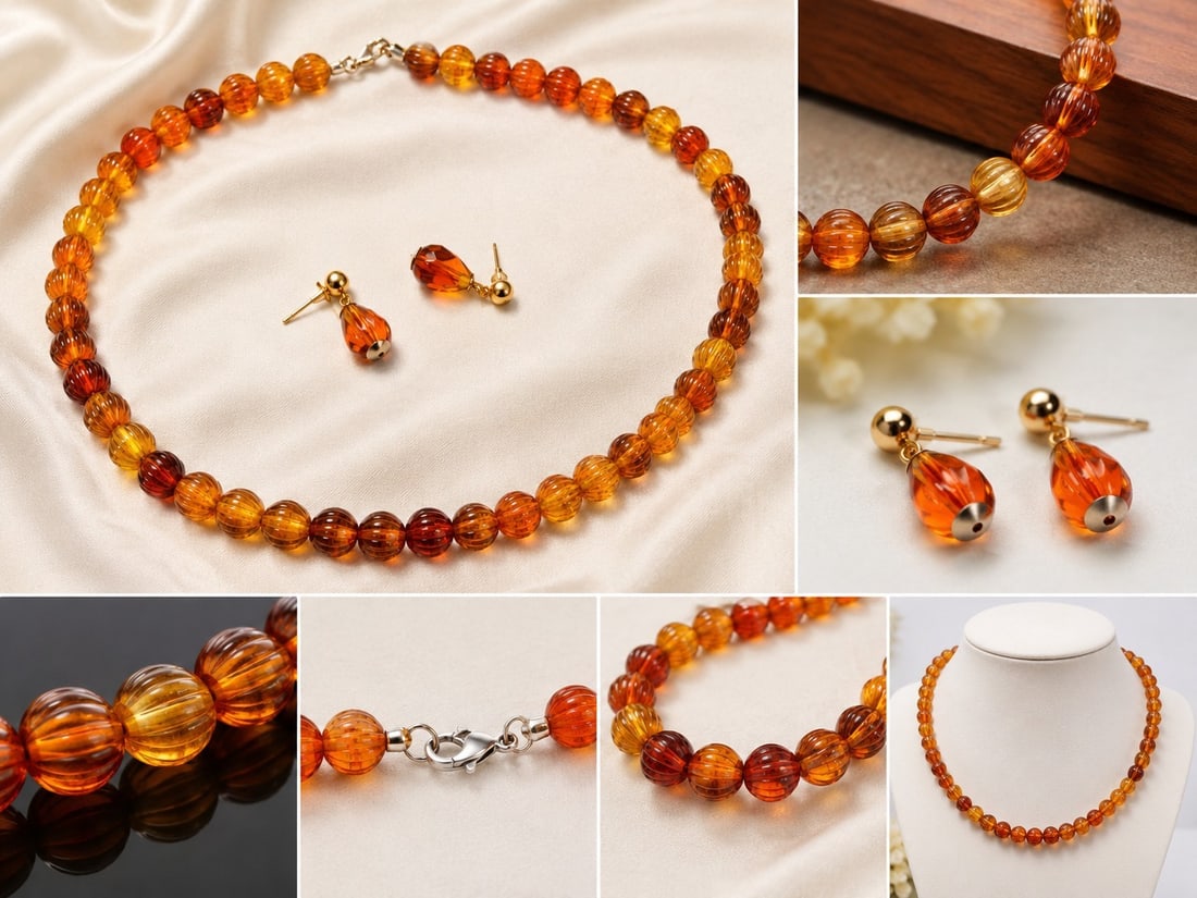 Amber-Style Beaded Necklace with Matching Drop Earrings: Title: Amber-Style Beaded Necklace with Matching Drop Earrings Description: Attractive jewellery set featuring a beaded necklace with translucent ribbed beads in warm honey, cognac and amber tones,