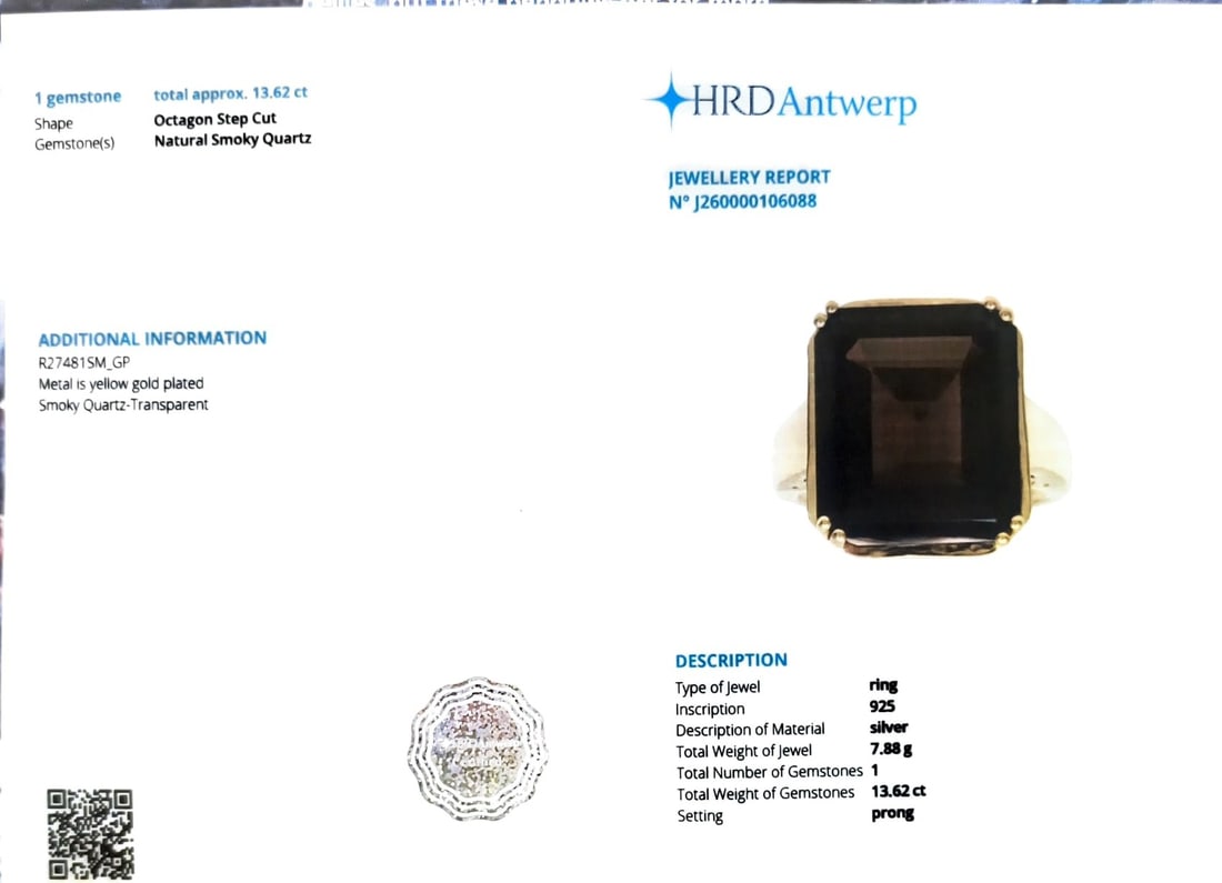 HRD Certified Smoky Quartz Octagon Ring – 925 Sterling Silver - 4