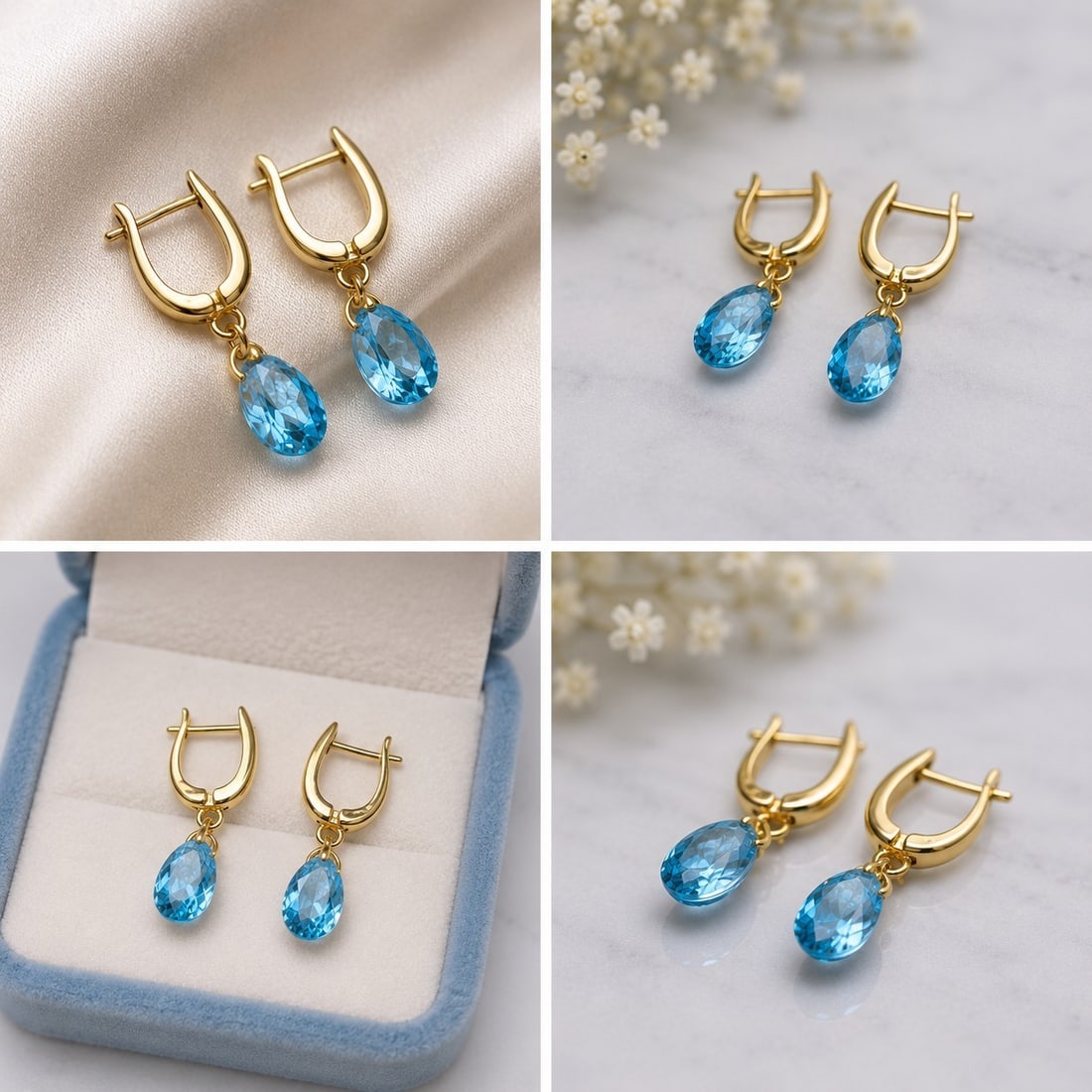 Natural Blue Topaz Drop Earrings: Title: Natural Blue Topaz Drop Earrings Description: Elegant drop earrings featuring faceted natural blue topaz gemstones in a beautiful teardrop shape. The bright blue stones are suspended from
