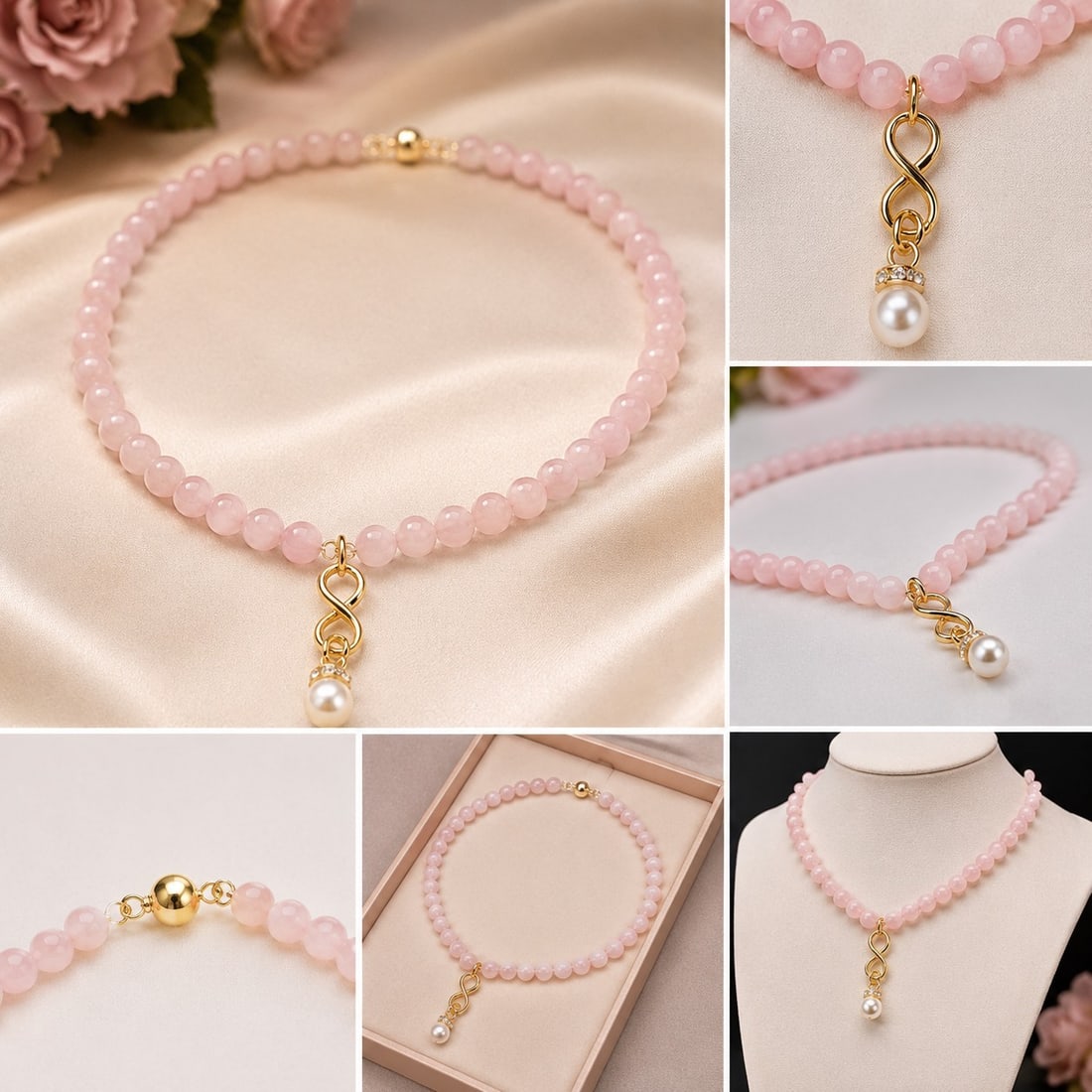 Pink Beaded Necklace with Pearl Drop Pendant: Title: Pink Beaded Necklace with Pearl Drop Pendant Description: Elegant necklace featuring polished soft pink round beads, finished with a gold-tone infinity-style pendant and a white faux pearl