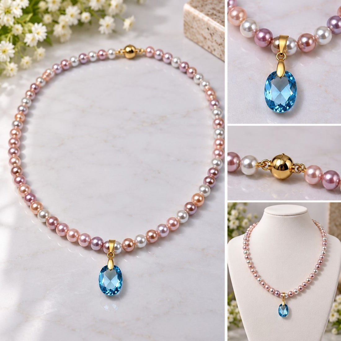 Freshwater Pearl & Blue Topaz Necklace – 6mm Pearls: Title: Freshwater Pearl & Blue Topaz Necklace – 6mm Pearls Description: Elegant necklace featuring 6mm freshwater pearl beads in soft pink and white tones, finished with a beautiful faceted