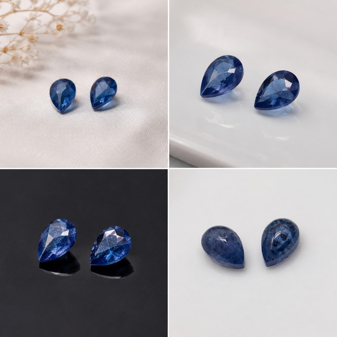 Pair of Natural Heated Blue Sapphires – 2.42 Carats – 8 x 5.8 mm: Title: Pair of Natural Heated Blue Sapphires – 2.42 Carats – 8 x 5.8 mm Description: Beautiful matching pair of natural heated blue sapphires with pear-shaped faceted cuts. Total weight