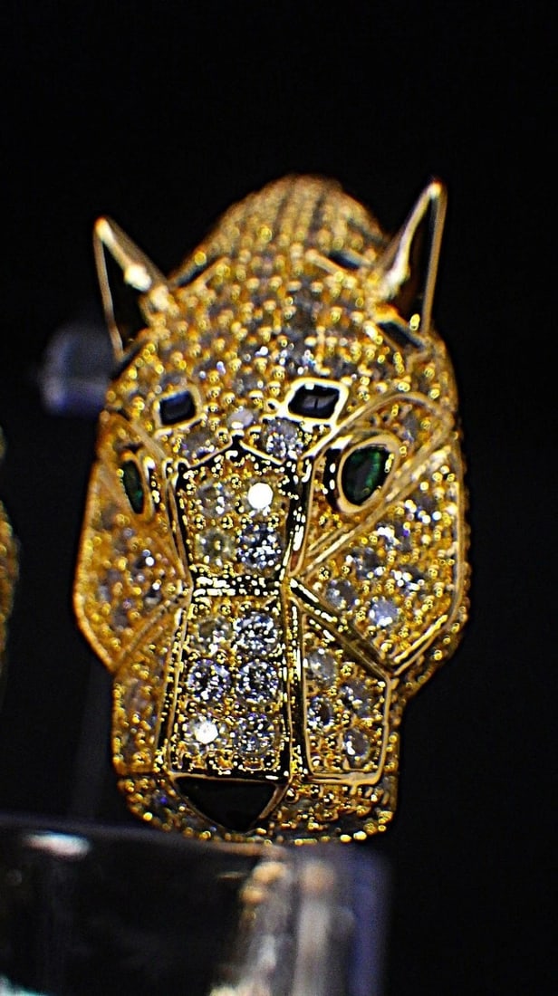Title: A Gold Plated, Designer Style, Double Panther Headed Bangle With Cubic Zirconia. Description: - 4