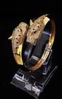 Title: A Gold Plated, Designer Style, Double Panther Headed Bangle With Cubic Zirconia. Description: - 5