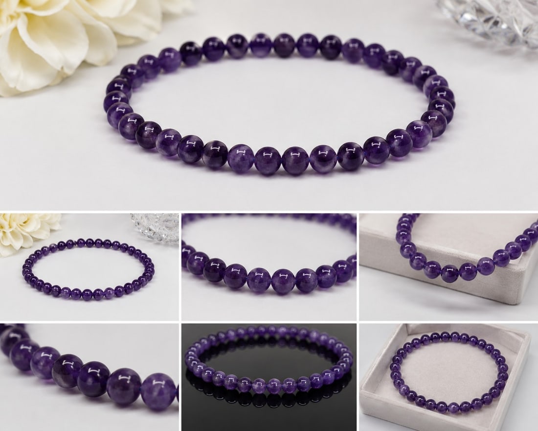 Natural Amethyst Bead Stretch Necklace: Title: Natural Amethyst Bead Stretch Necklace Description: Attractive necklace featuring polished round natural amethyst beads in beautiful shades of purple. Strung on elastic cord for a flexible and