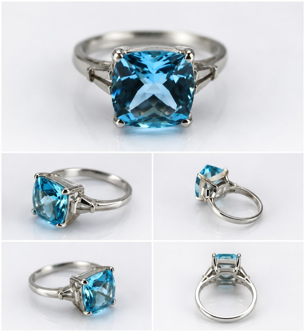 925 Sterling Silver Ring with Natural Blue Topaz 12x12mm: Title: 925 Sterling Silver Ring with Natural Blue Topaz 12x12mm Description: 925 sterling silver ring set with a beautiful natural blue topaz gemstone measuring approximately 12x12mm. The large