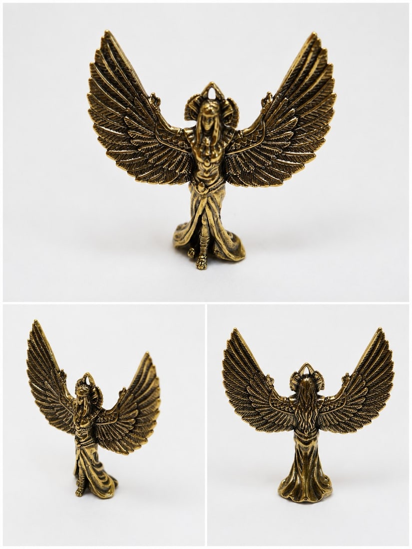 Copper Winged Goddess Figurine 5cm x 4.6cm: Title: Copper Winged Goddess Figurine 5cm x 4.6cm Description: Decorative copper figurine featuring a detailed winged goddess design with beautifully textured outstretched wings. Height approximately