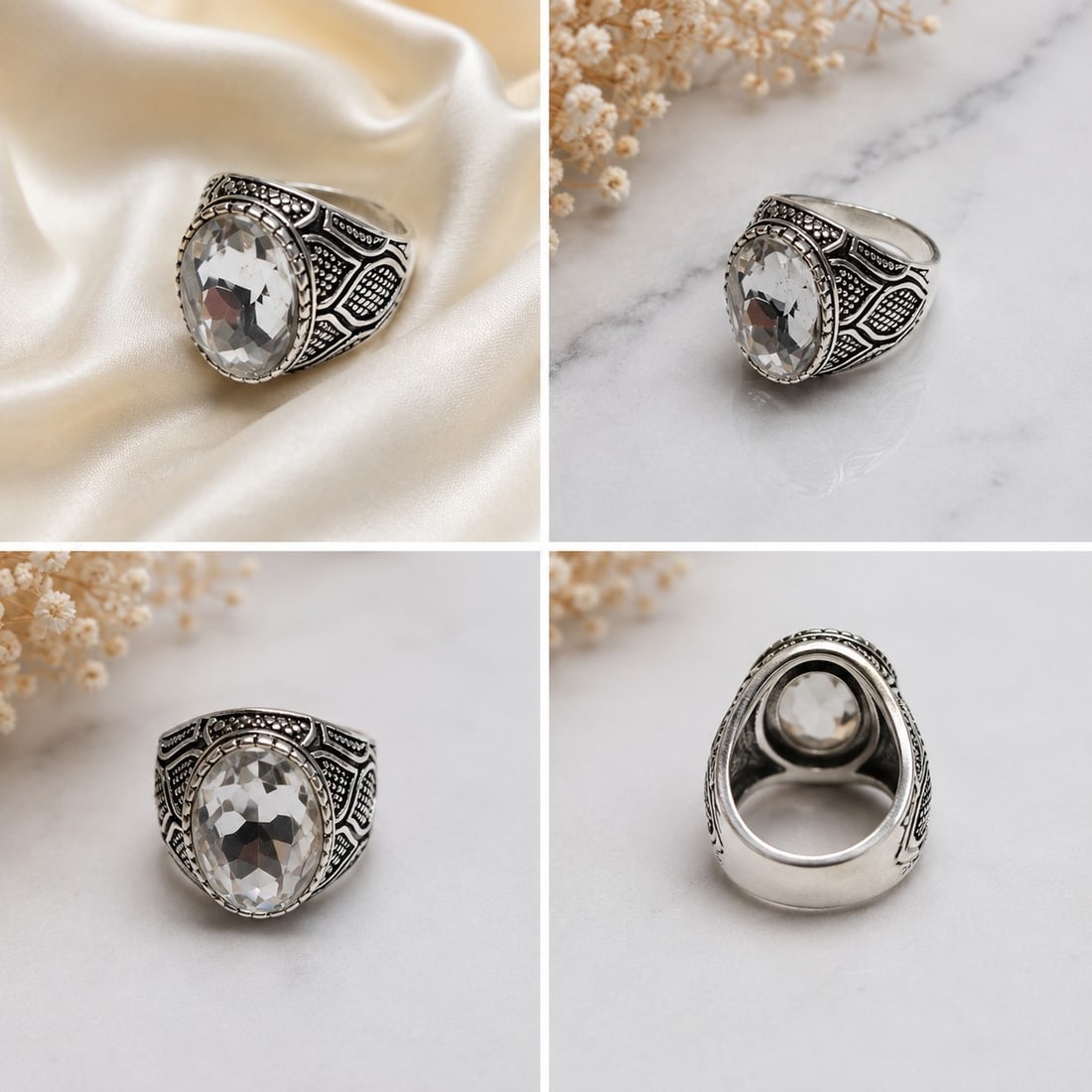 Clear Oval Stone Silver-Tone Statement Ring: Title: Clear Oval Stone Silver-Tone Statement Ring Description: Bold silver-tone statement ring featuring a large faceted clear oval stone in a raised bezel-style setting. The wide band is decorated