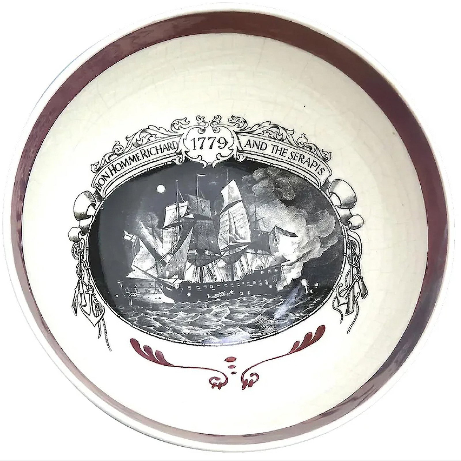 A Rare Staffordshire Lustre USA Naval Maritime Commemorative Pottery Bowl C.19thC: Title: A Rare Staffordshire Lustre USA Naval Maritime Commemorative Pottery Bowl C.19thC Description: A rare lustre bowl having to the centre a transferware naval battle scene between the two ships;