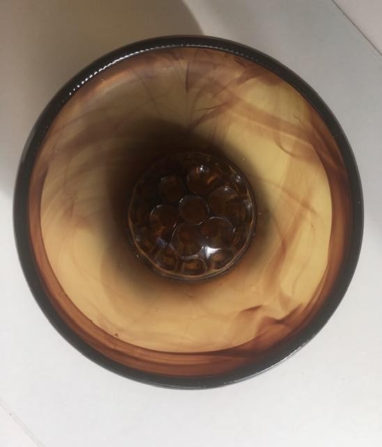 Davidson, Art Deco Cloud Glass Trio In Amber, Posey Bowl, Pedestal & Frog, Circa 1930 - 10