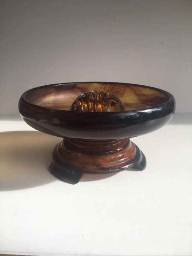 Davidson, Art Deco Cloud Glass Trio In Amber, Posey Bowl, Pedestal & Frog, Circa 1930 - 11
