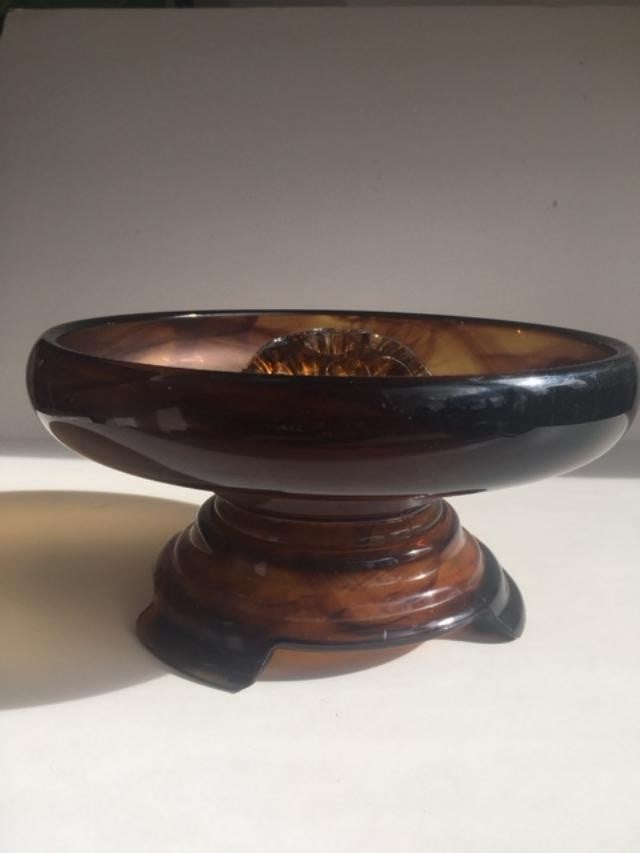 Davidson, Art Deco Cloud Glass Trio In Amber, Posey Bowl, Pedestal & Frog, Circa 1930 - 12