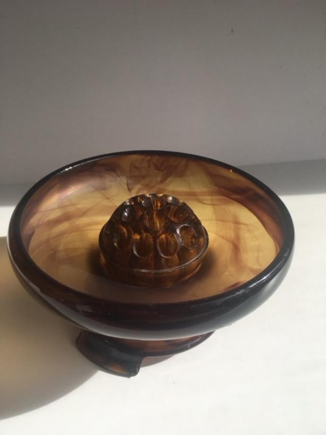 Davidson, Art Deco Cloud Glass Trio In Amber, Posey Bowl, Pedestal & Frog, Circa 1930 - 13