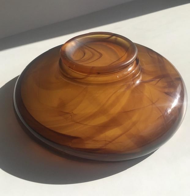 Davidson, Art Deco Cloud Glass Trio In Amber, Posey Bowl, Pedestal & Frog, Circa 1930 - 15