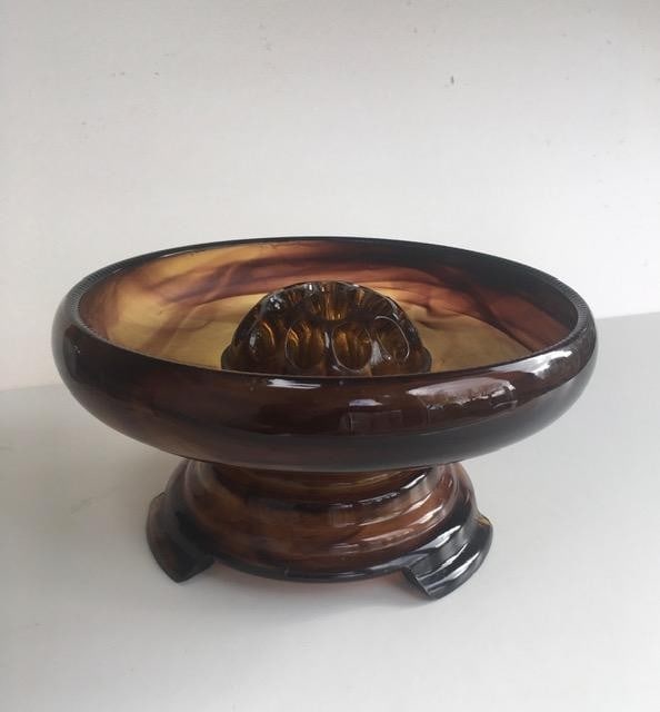Davidson, Art Deco Cloud Glass Trio In Amber, Posey Bowl, Pedestal & Frog, Circa 1930: Title: Davidson, Art Deco Cloud Glass Trio In Amber, Posey Bowl, Pedestal & Frog, Circa 1930 Description: Davidson, Art Deco Cloud Glass Trio in Amber, Posey Bowl, pedestal & frog, circa 1930