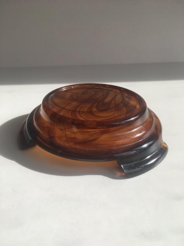 Davidson, Art Deco Cloud Glass Trio In Amber, Posey Bowl, Pedestal & Frog, Circa 1930 - 2