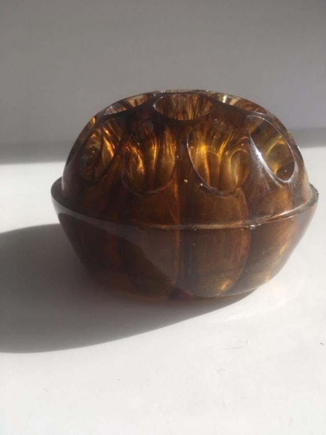Davidson, Art Deco Cloud Glass Trio In Amber, Posey Bowl, Pedestal & Frog, Circa 1930 - 5