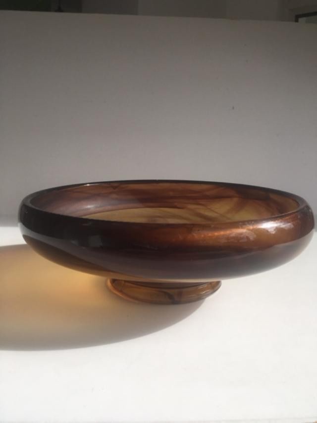 Davidson, Art Deco Cloud Glass Trio In Amber, Posey Bowl, Pedestal & Frog, Circa 1930 - 7