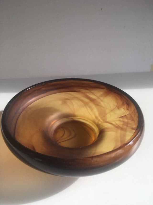 Davidson, Art Deco Cloud Glass Trio In Amber, Posey Bowl, Pedestal & Frog, Circa 1930 - 8