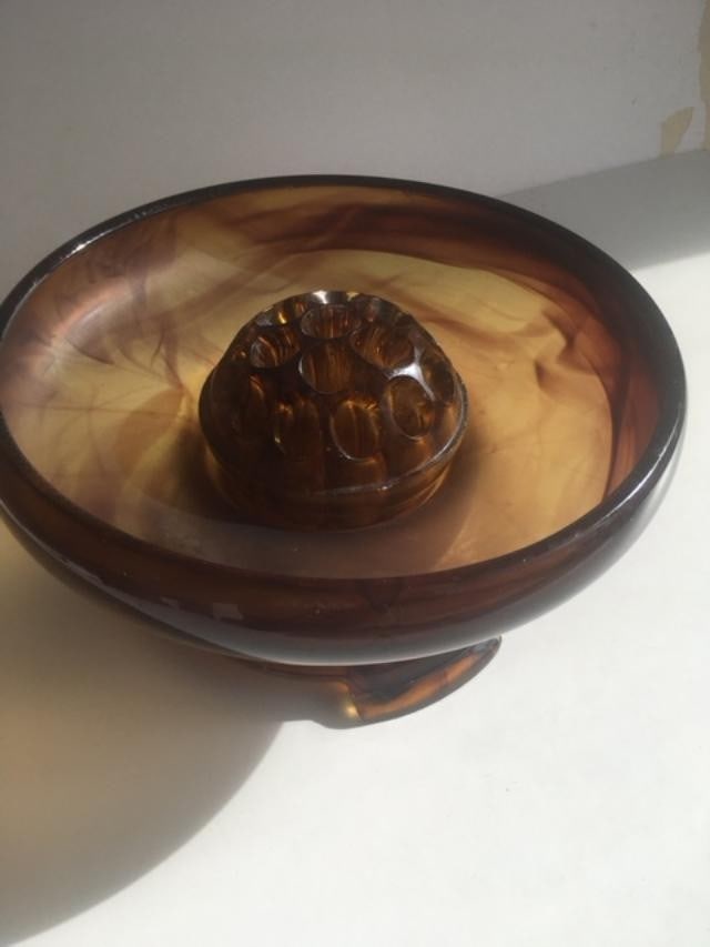 Davidson, Art Deco Cloud Glass Trio In Amber, Posey Bowl, Pedestal & Frog, Circa 1930 - 9