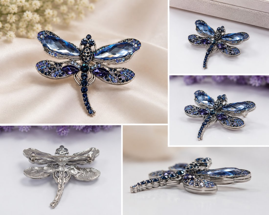 Blue Crystal Dragonfly Brooch – Silver Tone: Title: Blue Crystal Dragonfly Brooch – Silver Tone Description: Beautiful dragonfly brooch decorated with sparkling blue and purple faceted crystals in a detailed silver-tone setting. The wings
