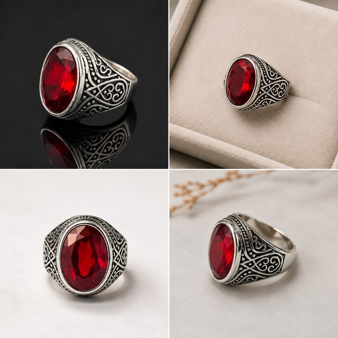 Vintage-Style Red Stone Statement Ring with Ornate Design: Title: Vintage-Style Red Stone Statement Ring with Ornate Design Description: Bold statement ring featuring a large faceted oval red stone in an ornate silver-tone setting. The detailed sides feature