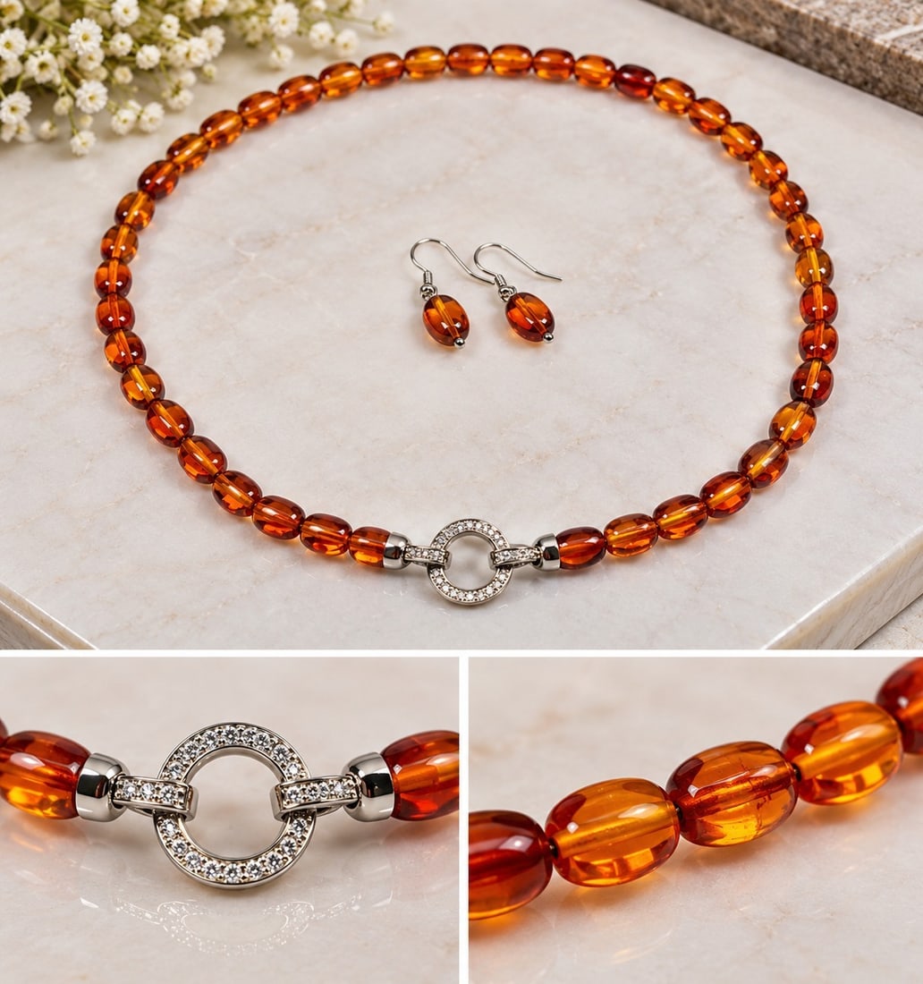 Amber-Tone Beaded Necklace & Matching Earrings Set: Title: Amber-Tone Beaded Necklace & Matching Earrings Set Description: Elegant jewellery set featuring a necklace and matching drop earrings with translucent amber-tone beads in rich honey and