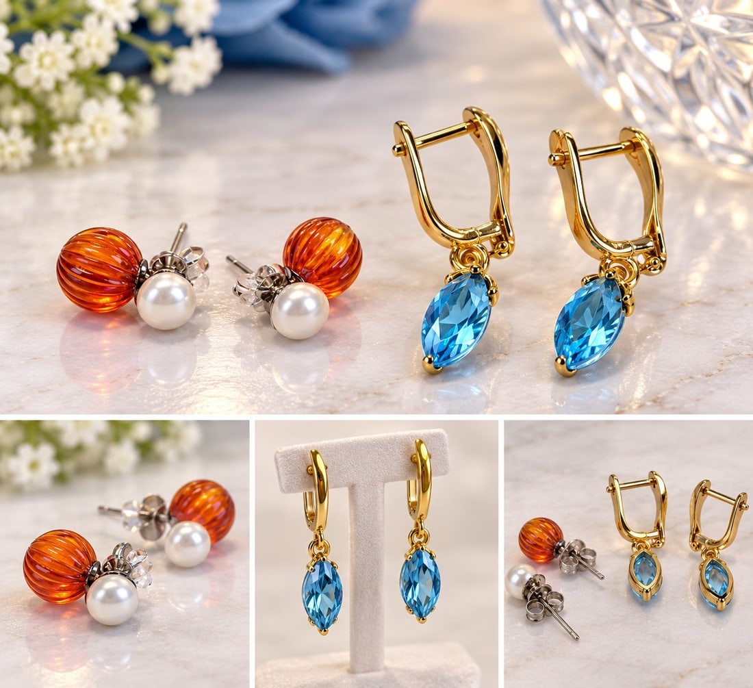 Two Pairs of Earrings – Natural Blue Topaz & Beaded Design: Title: Two Pairs of Earrings – Natural Blue Topaz & Beaded Design Description: Lot of two pairs of earrings. One pair features faceted natural blue topaz gemstones with gold-tone lever-ba