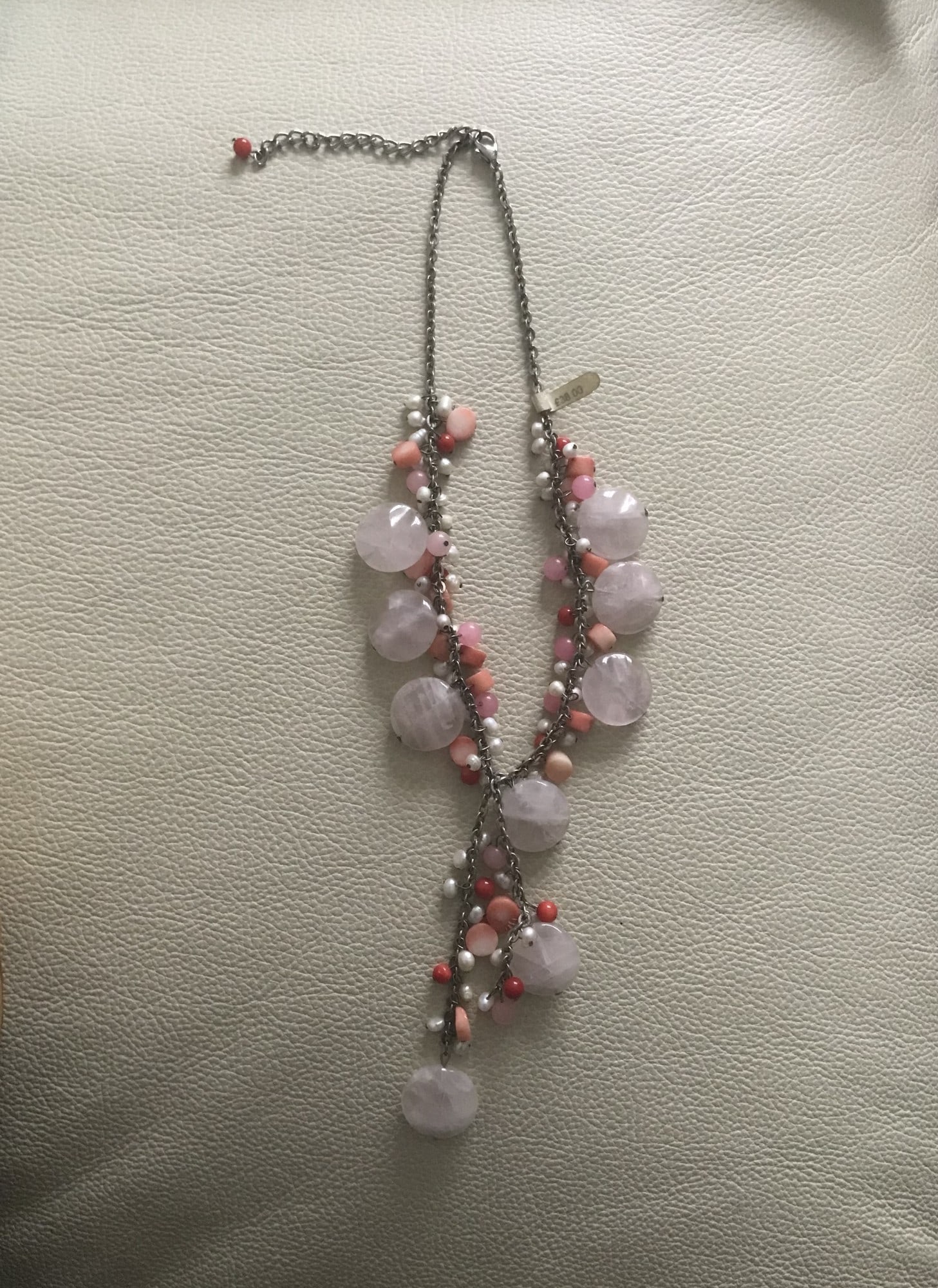Butler & Wilson Rose Quartz, Pearl and Coral Bead Necklace: Title: Butler & Wilson Rose Quartz, Pearl and Coral Bead Necklace Description: Statement necklace set with precious stones. Extender chain so can be worn at various lengths. Condition: New