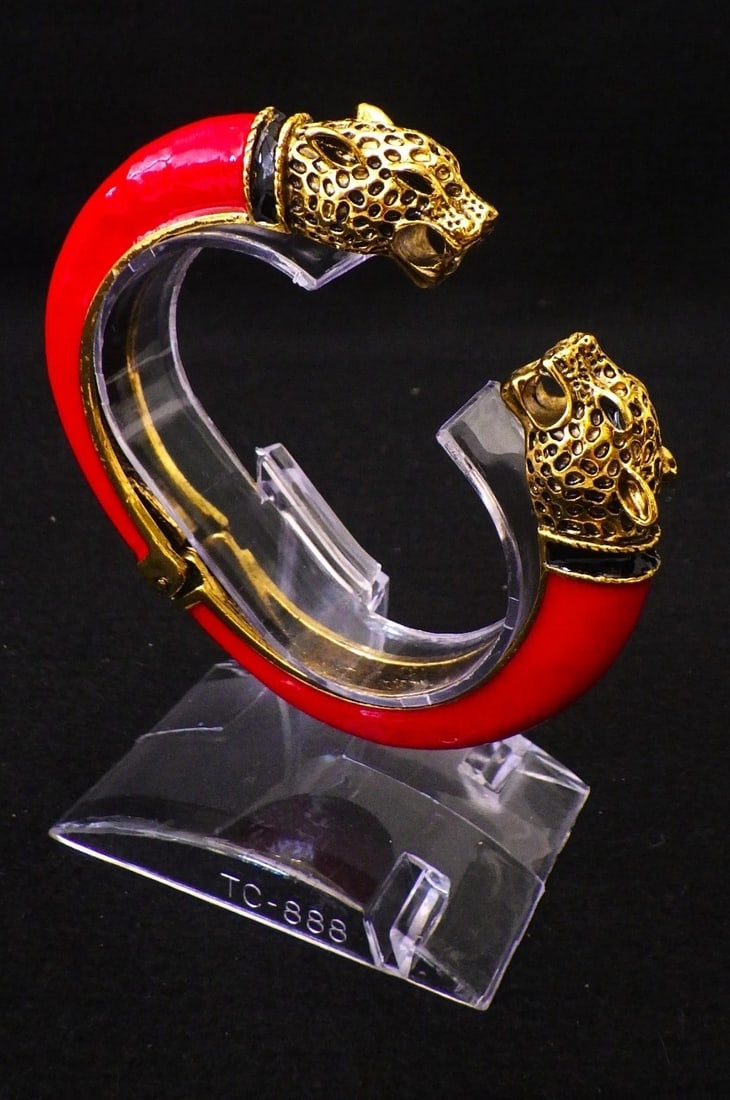 Glamorous, Double Panther Head Bangle With Red Enamel - 2