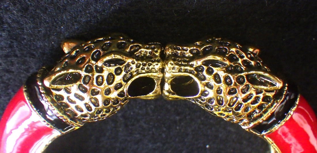 Glamorous, Double Panther Head Bangle With Red Enamel - 3