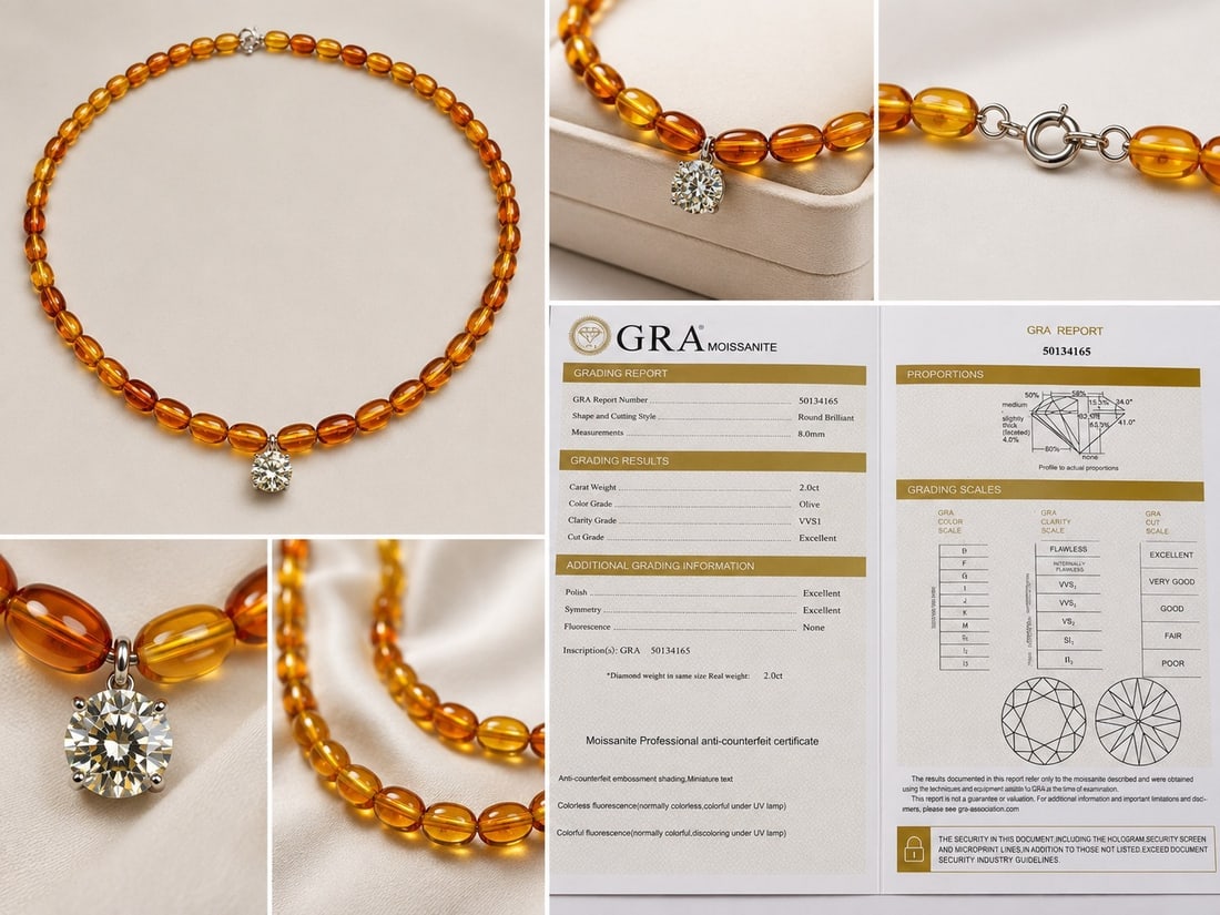 Amber Bead Necklace with 2ct Moissanite & GRA Certificate (1 of 1)