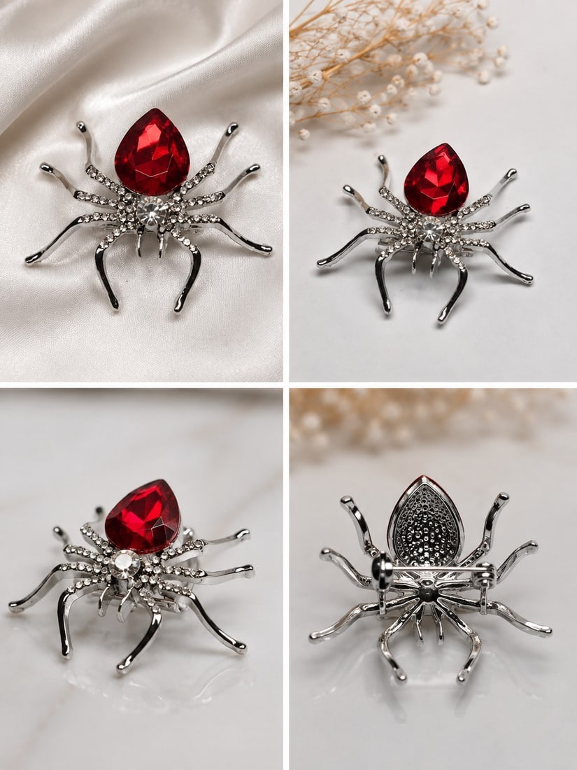 Red Crystal Spider Brooch with Rhinestone Details: Title: Red Crystal Spider Brooch with Rhinestone Details Description: Striking spider-shaped brooch featuring a large faceted red teardrop crystal and sparkling clear rhinestone accents. The
