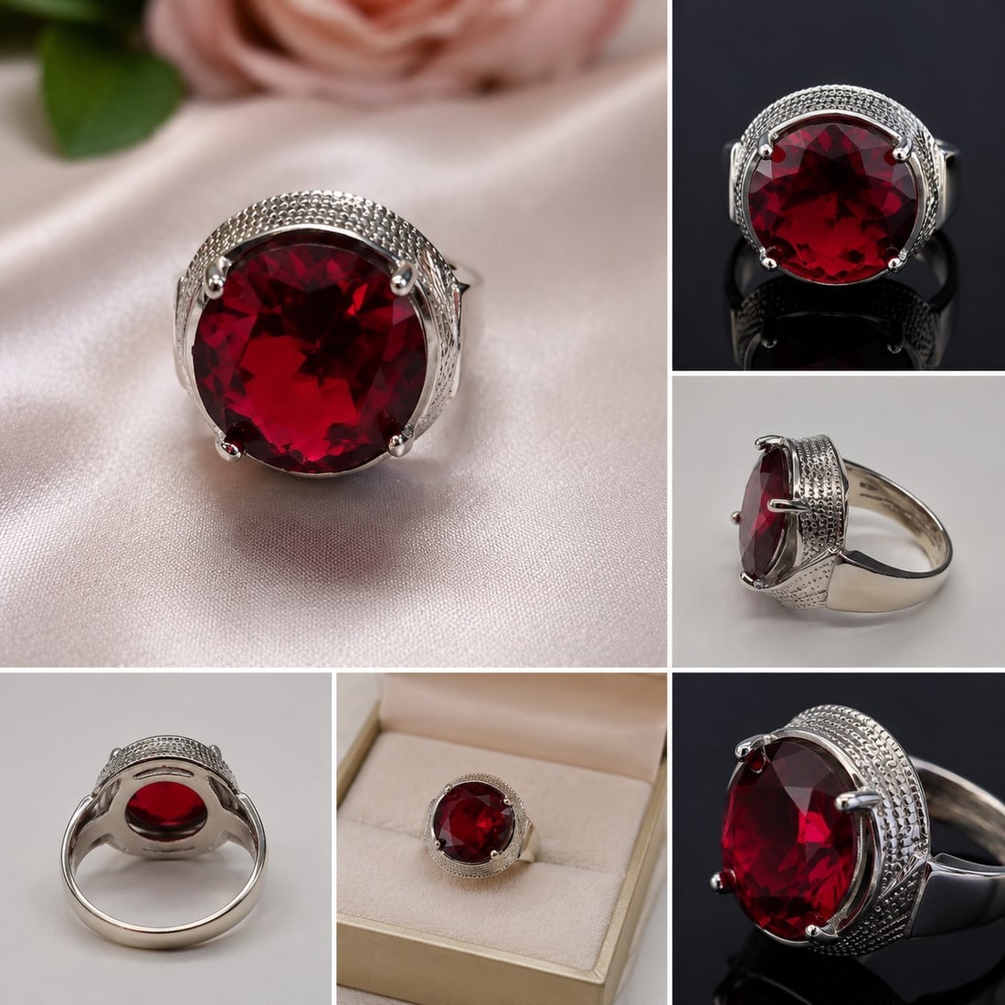 Large Red Gemstone Statement Ring – Size 17: Title: Large Red Gemstone Statement Ring – Size 17 Description: Striking silver-tone statement ring featuring a large faceted deep red gemstone in a decorative prong setting. The wide textured