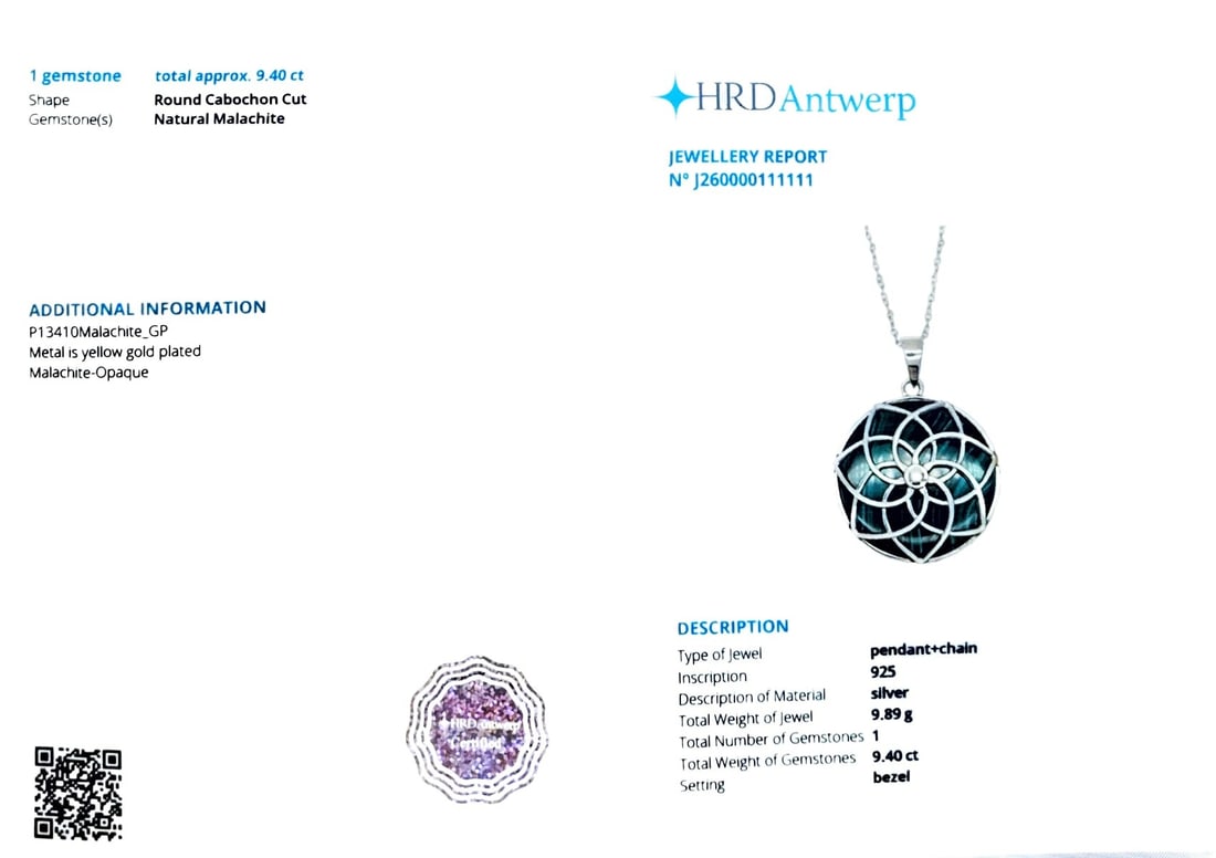 HRD Certified Malachite Cabochon Pendant With Cable Chain – 925 Sterling Silver - 6