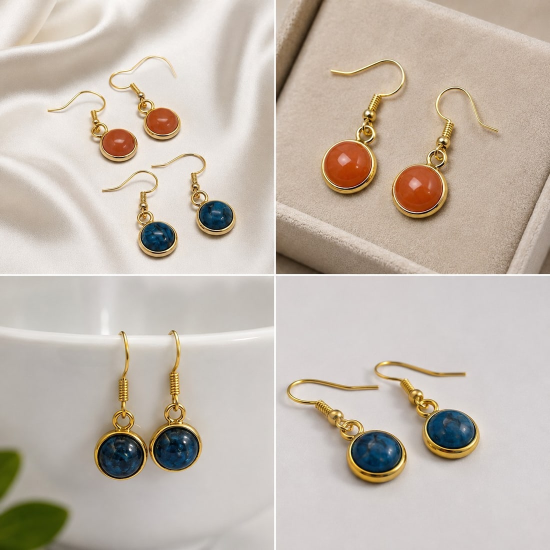 Two Pairs of Gold-Tone Drop Earrings with Blue & Orange Cabochons: Title: Two Pairs of Gold-Tone Drop Earrings with Blue & Orange Cabochons Description: Attractive set of two pairs of drop earrings featuring round cabochon stones in deep blue and warm orange