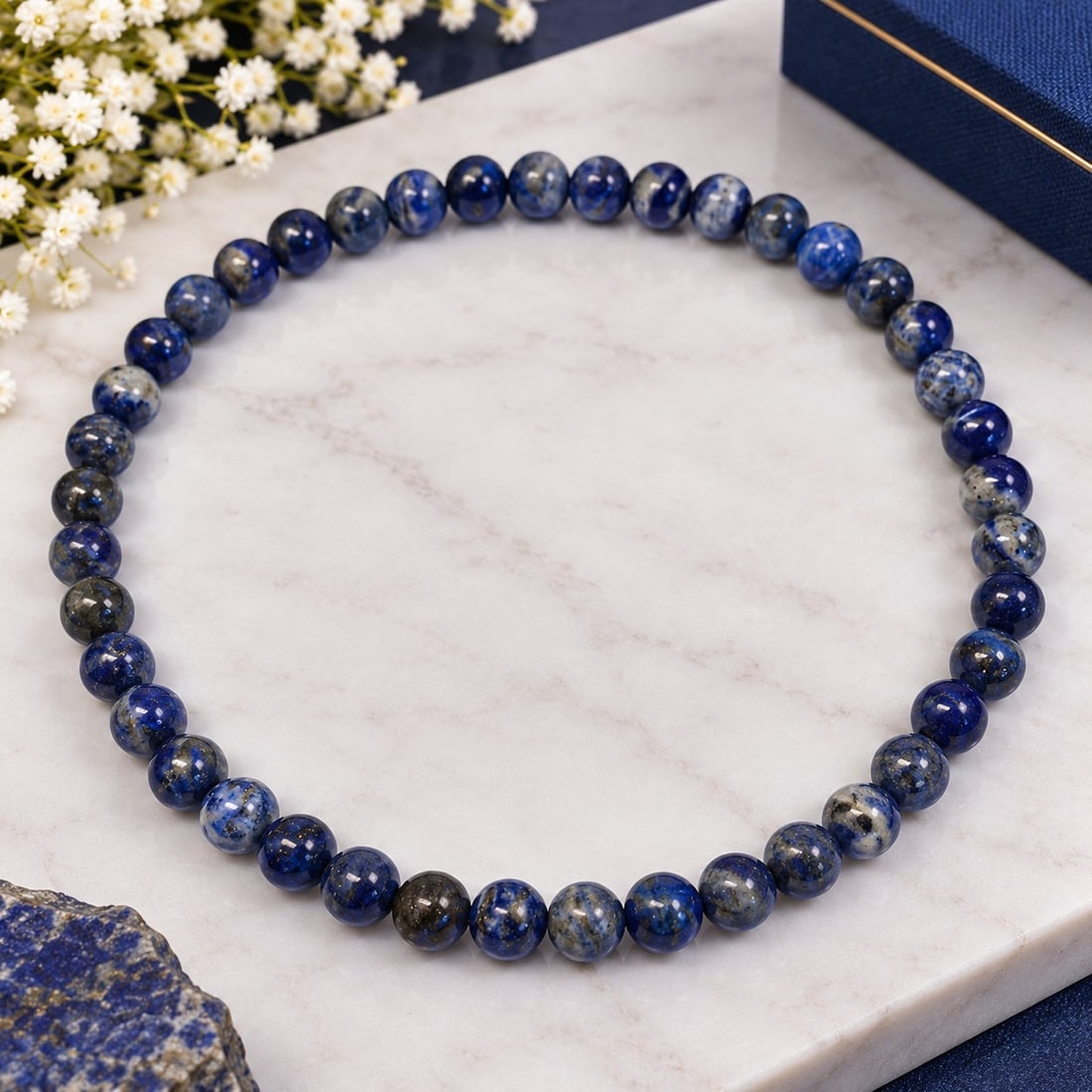 Blue Lapis Lazuli Beaded Necklace: Title: Blue Lapis Lazuli Beaded Necklace Description: Elegant necklace featuring polished round blue lapis lazuli beads with attractive natural variations in deep blue, grey and lighter tones. A