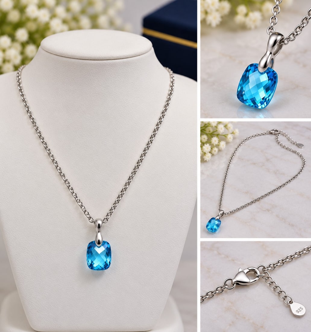 Natural Blue Topaz Pendant Necklace: Title: Natural Blue Topaz Pendant Necklace Description: Elegant necklace featuring a beautifully faceted natural blue topaz pendant with a bright, vivid blue colour and attractive sparkle. Suspende