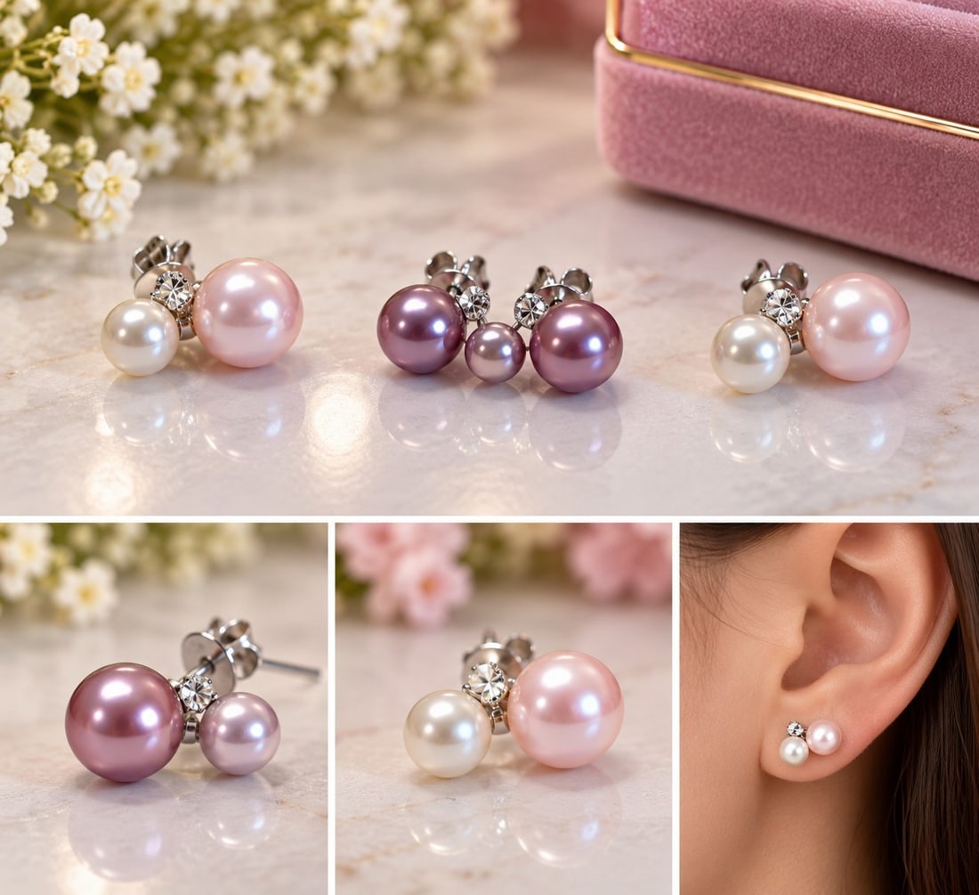 Set of Two Pearl Style Stud Earrings in Pink, Purple and White: Title: Set of Two Pearl Style Stud Earrings in Pink, Purple and White Description: Two pairs of elegant stud earrings featuring lustrous pearl-style beads in soft pink, purple and white tones. A