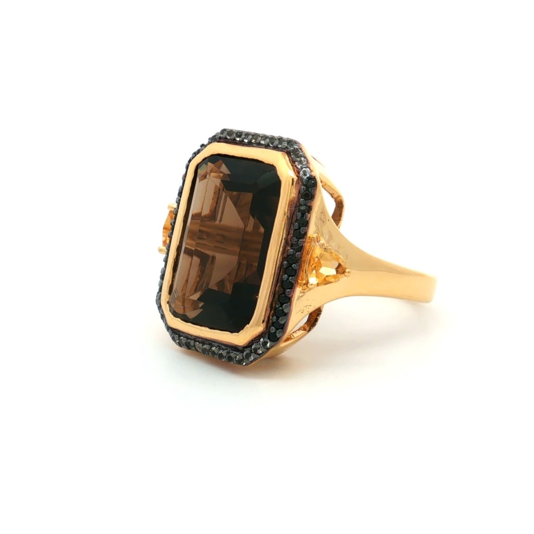 HRD Certified Smoky Quartz, Citrine & Black Spinel Ring – 925 Sterling Silver - 6