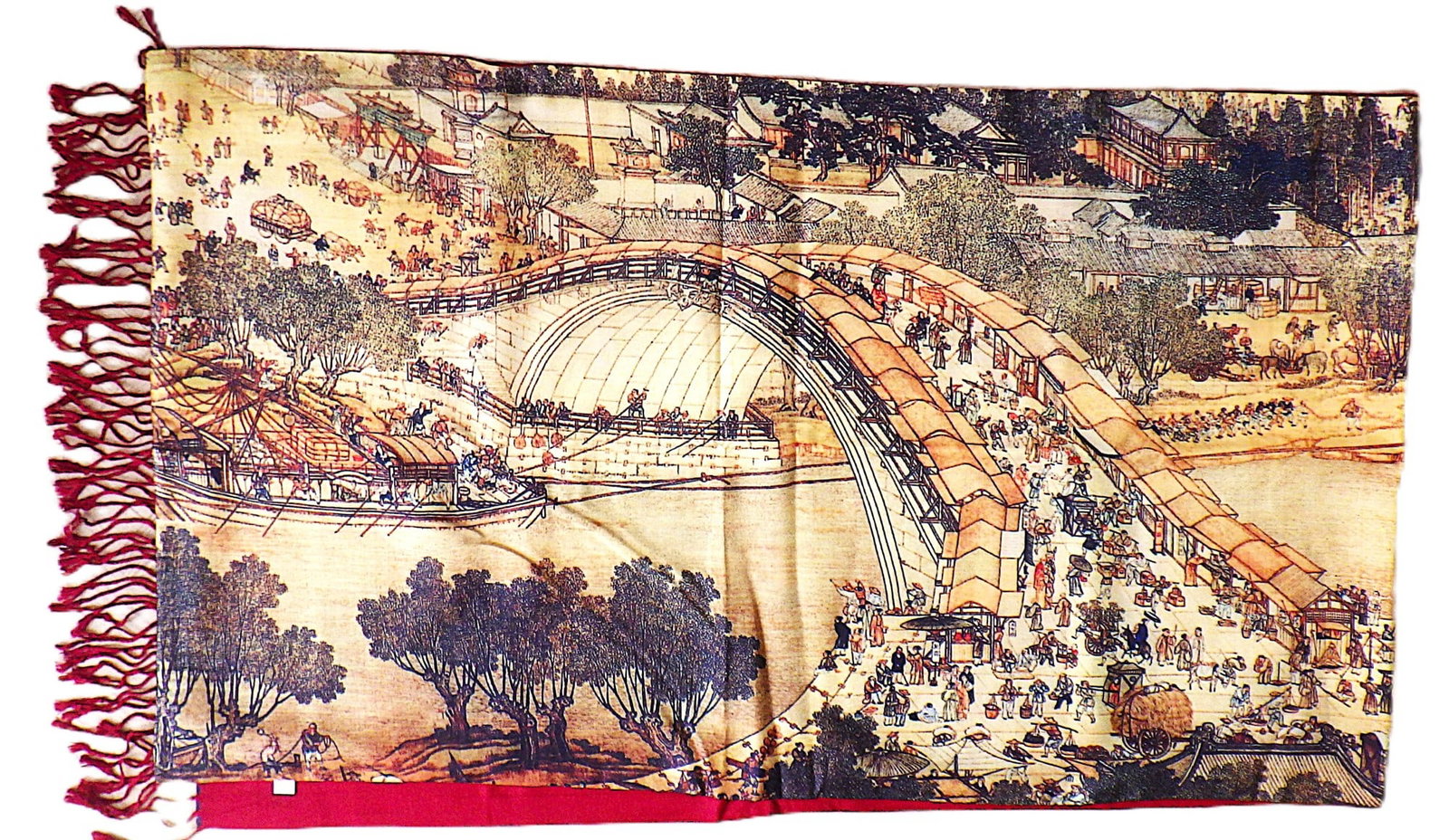 A Top Quality Large (170 x 50 cm) Double Faced Thick Silk Shawl: Title: A Top Quality Large (170 x 50 cm) Double Faced Thick Silk Shawl Description: A rare, top quality, double sided, thick, 100% silk, long shawl with a traditional Chinese river scene on one side