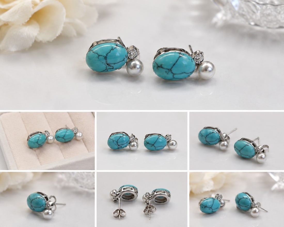 Turquoise & Pearl Stud Earrings: Title: Turquoise & Pearl Stud Earrings Description: Elegant pair of silver-tone stud earrings featuring oval turquoise-coloured cabochon stones with distinctive veining, complemented by small