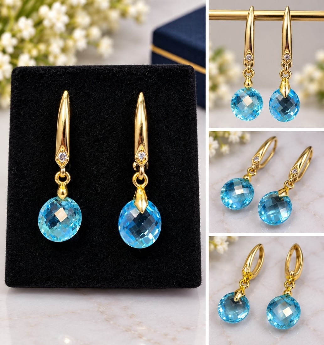 Natural Blue Topaz Drop Earrings: Title: Natural Blue Topaz Drop Earrings Description: Elegant drop earrings featuring faceted natural blue topaz gemstones with a beautiful bright blue colour and excellent sparkle. Finished with