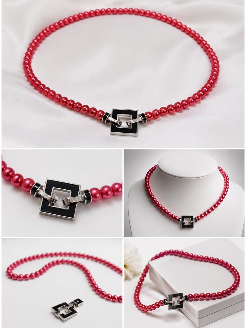 Red Beaded Necklace – 6mm Beads with Geometric Clasp: Title: Red Beaded Necklace – 6mm Beads with Geometric Clasp Description: Elegant necklace featuring glossy red 6mm round beads, finished with a stylish geometric black and silver-tone clasp. A