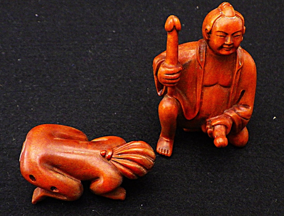 Title: Two Vintage Japanese Boxwood Netsukes (Pair) Description: A pair of vintage, erotic, - 2