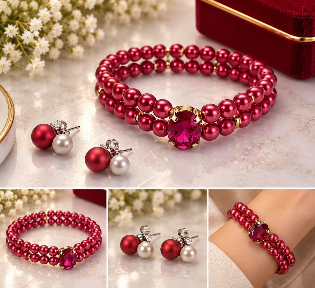 Double Strand Red Pearl Bracelet with Large Red Gemstone & Matching Earrings: Title: Double Strand Red Pearl Bracelet with Large Red Gemstone & Matching Earrings Description: Elegant double strand bracelet featuring rich red pearl-style beads with gold-tone spacer accent