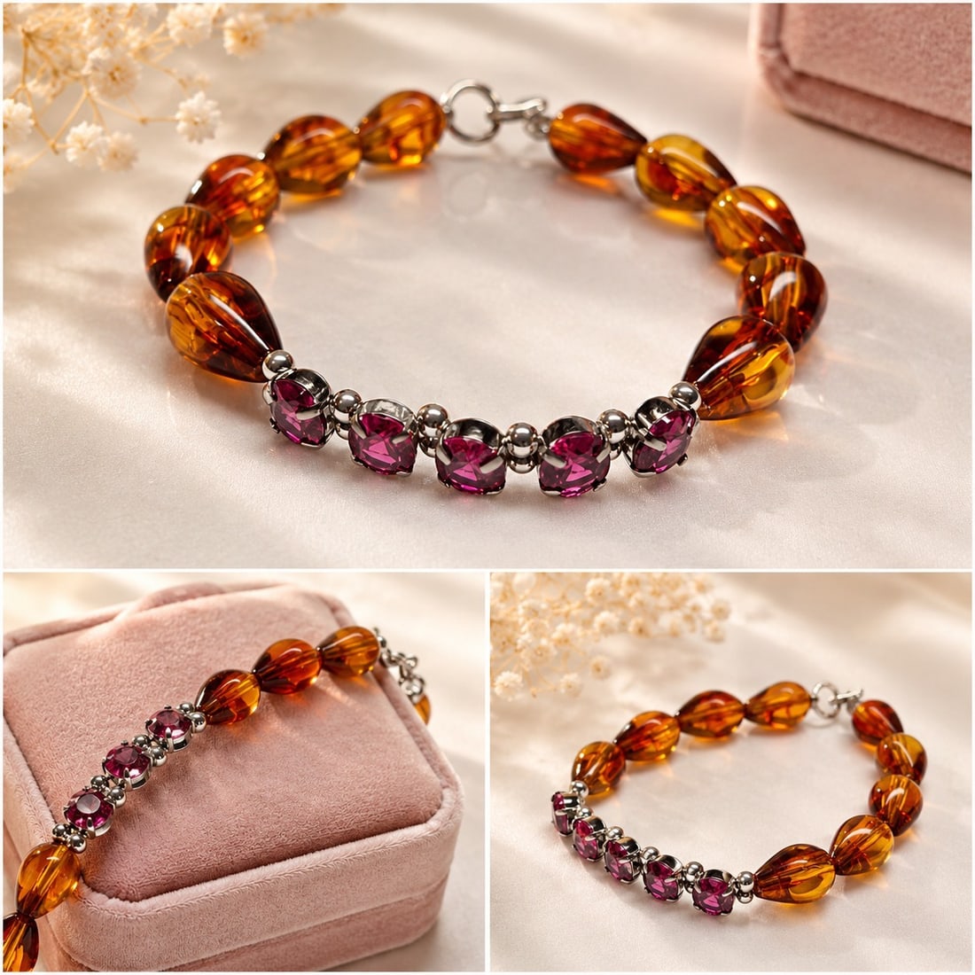 Amber Tone & Red Gemstone Beaded Bracelet: Title: Amber Tone & Red Gemstone Beaded Bracelet Description: Elegant bracelet featuring translucent amber-tone teardrop beads combined with five faceted red stones in silver-tone settings.