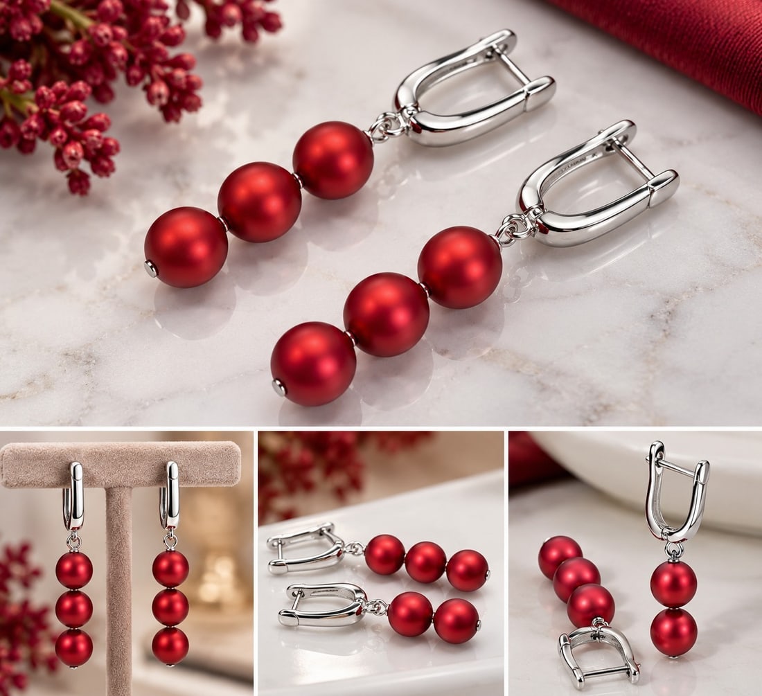 Red Beaded Drop Earrings with Silver Tone Leverback Clasps: Title: Red Beaded Drop Earrings with Silver Tone Leverback Clasps Description: Elegant drop earrings featuring three rich red round beads on each earring, finished with polished silver tone leverba
