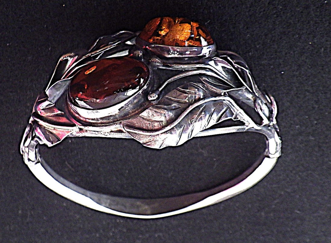 Art Nouveau Sterling Silver Baltic Amber Bangle - 2