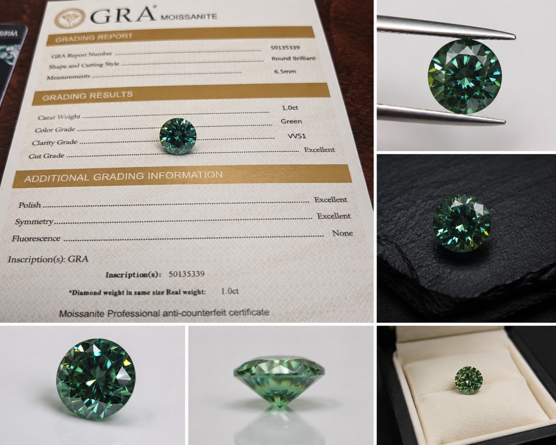 1.00ct Green Moissanite Round Brilliant – 6.5mm – GRA Certificate: Title: 1.00ct Green Moissanite Round Brilliant – 6.5mm – GRA Certificate Description: Beautiful green round brilliant-cut moissanite, weighing 1.00 carat and measuring approximately